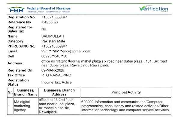 FBR Registration Certificate for MA DIGITAL AGENCY